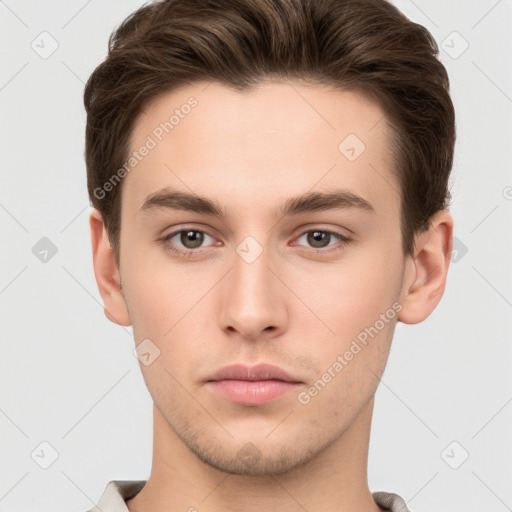 Neutral white young-adult male with short  brown hair and brown eyes