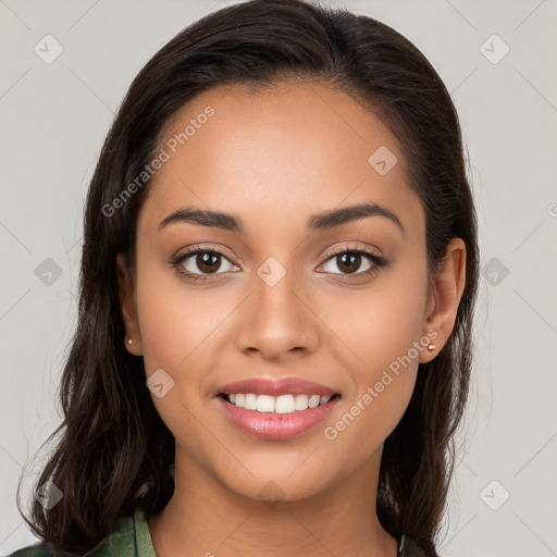 Joyful white young-adult female with long  brown hair and brown eyes