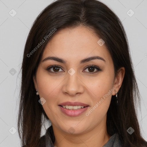 Joyful white young-adult female with long  brown hair and brown eyes