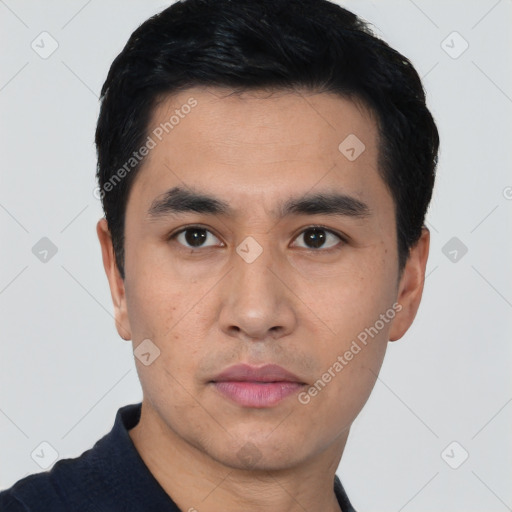 Neutral asian young-adult male with short  black hair and brown eyes