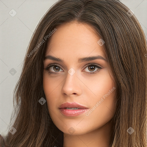 Neutral white young-adult female with long  brown hair and brown eyes