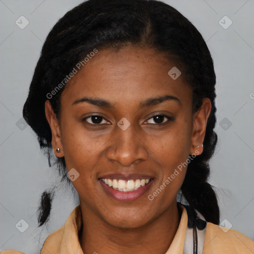 Joyful black young-adult female with medium  black hair and brown eyes