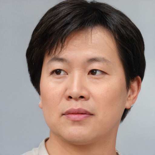 Joyful asian adult male with short  brown hair and brown eyes