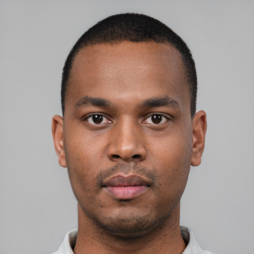 Neutral black young-adult male with short  black hair and brown eyes
