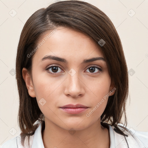 Neutral white young-adult female with medium  brown hair and brown eyes