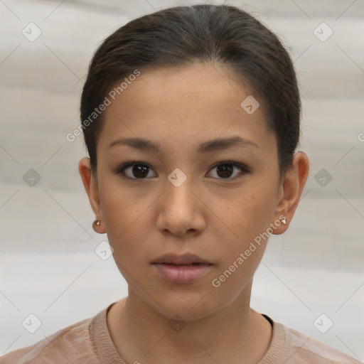 Neutral white young-adult female with short  brown hair and brown eyes