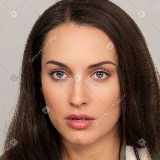 Neutral white young-adult female with long  brown hair and brown eyes