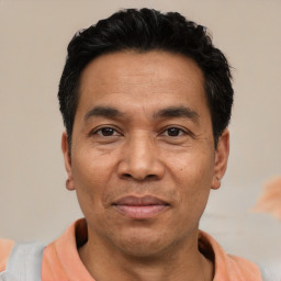 Joyful latino adult male with short  black hair and brown eyes