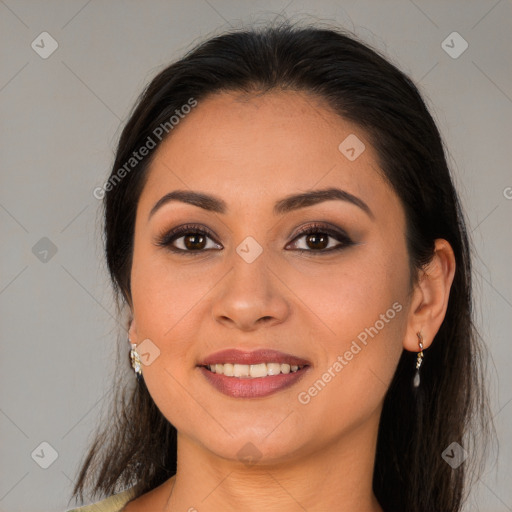 Joyful white young-adult female with long  brown hair and brown eyes