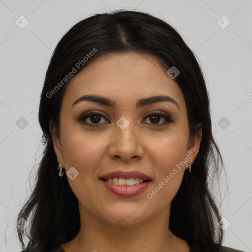 Joyful latino young-adult female with long  brown hair and brown eyes