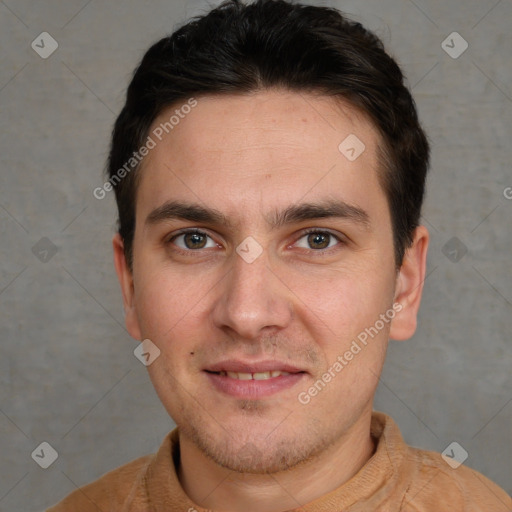 Joyful white young-adult male with short  brown hair and brown eyes