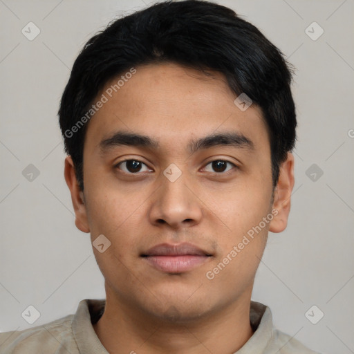Neutral asian young-adult male with short  black hair and brown eyes