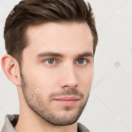 Neutral white young-adult male with short  brown hair and brown eyes