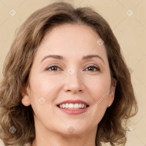 Joyful white young-adult female with medium  brown hair and green eyes