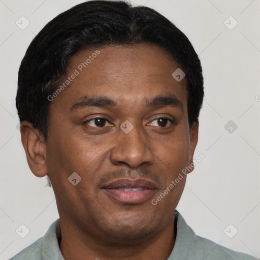 Joyful latino adult male with short  black hair and brown eyes