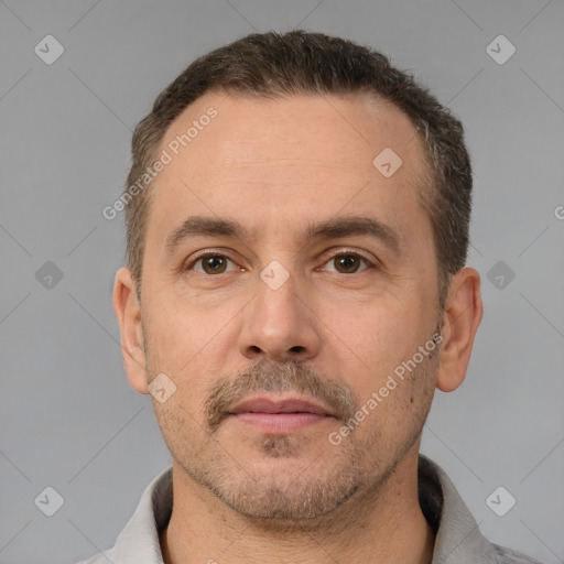 Neutral white adult male with short  brown hair and brown eyes