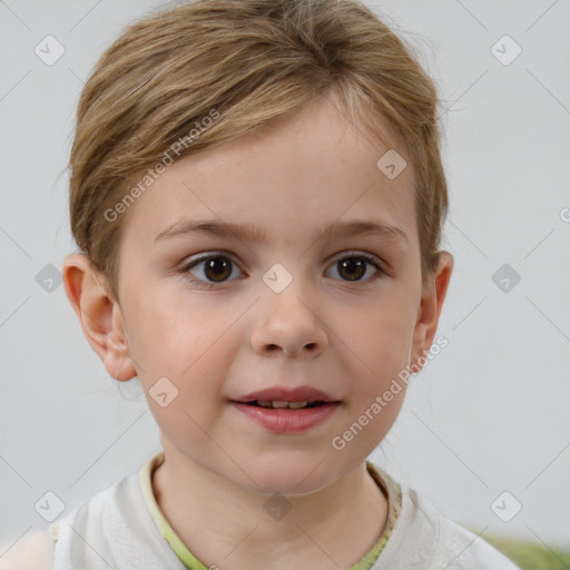 Joyful white child female with short  brown hair and brown eyes