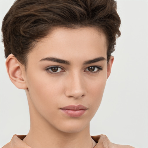 Neutral white young-adult female with short  brown hair and brown eyes