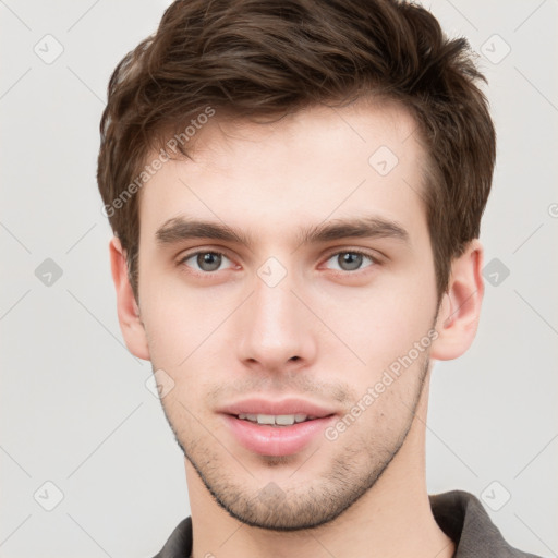 Neutral white young-adult male with short  brown hair and grey eyes