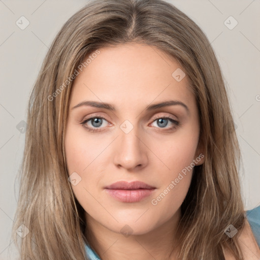 Neutral white young-adult female with long  brown hair and grey eyes