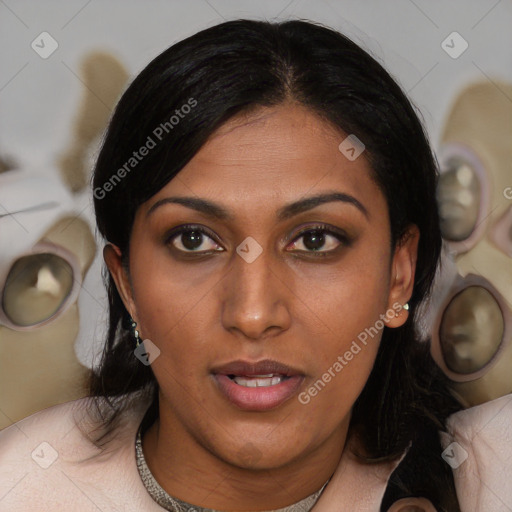 Joyful black young-adult female with medium  brown hair and brown eyes