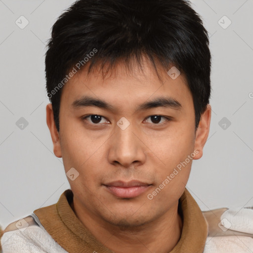 Neutral asian young-adult male with short  brown hair and brown eyes