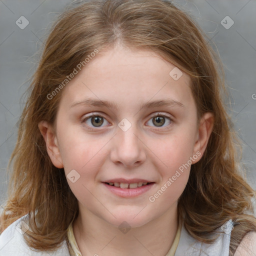 Joyful white child female with medium  brown hair and grey eyes