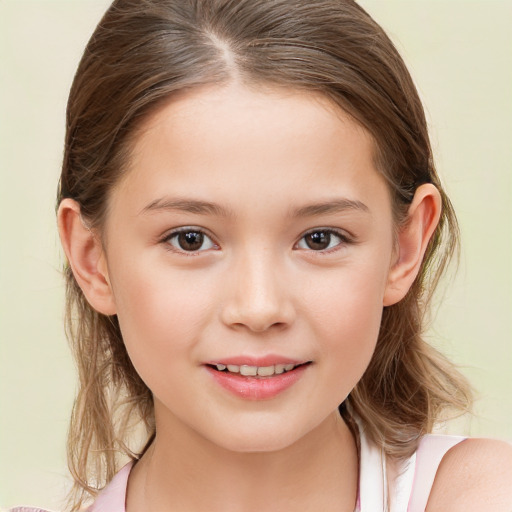 Joyful white child female with medium  brown hair and brown eyes