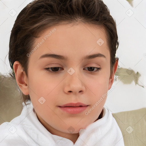 Joyful white child female with short  brown hair and brown eyes