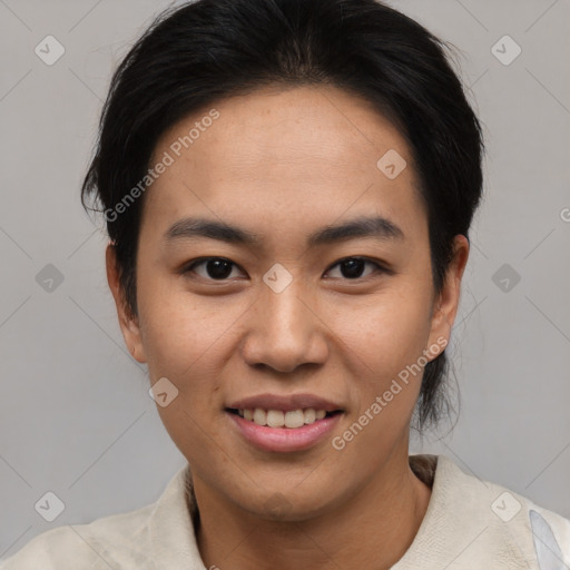 Joyful asian young-adult female with medium  brown hair and brown eyes