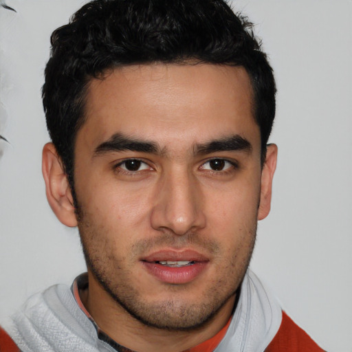 Joyful white young-adult male with short  black hair and brown eyes