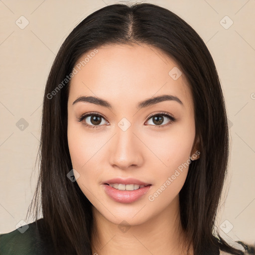 Neutral white young-adult female with long  brown hair and brown eyes