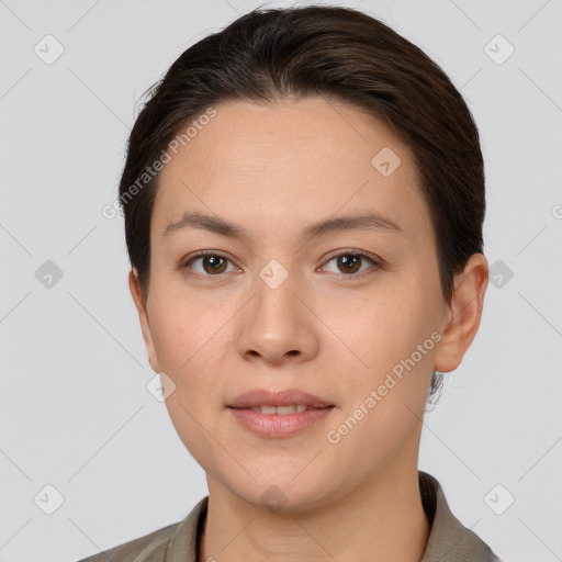 Neutral white young-adult female with short  brown hair and brown eyes