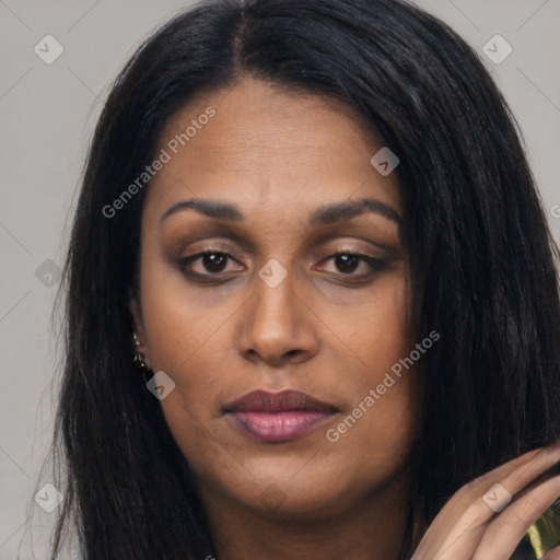 Joyful asian young-adult female with long  black hair and brown eyes