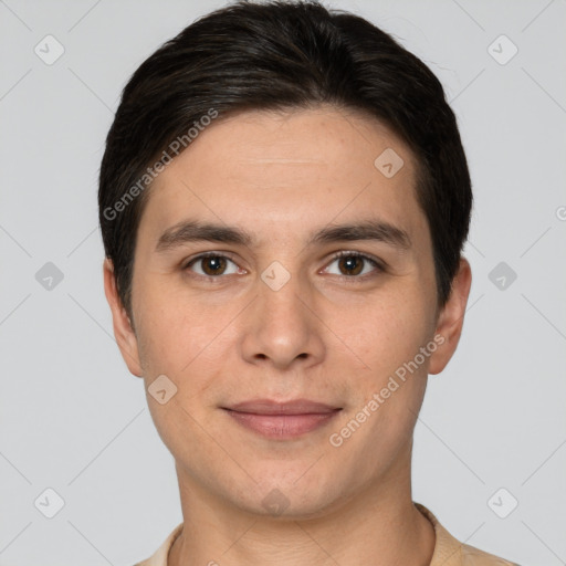 Joyful white young-adult male with short  brown hair and brown eyes