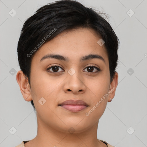 Joyful latino young-adult female with short  brown hair and brown eyes