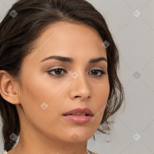 Neutral white young-adult female with medium  brown hair and brown eyes