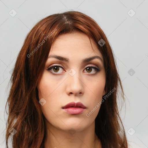 Neutral white young-adult female with long  brown hair and brown eyes