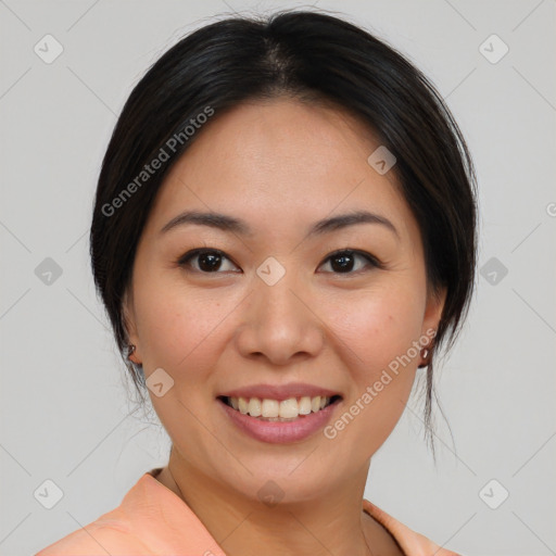 Joyful white young-adult female with medium  brown hair and brown eyes