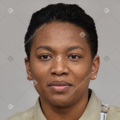 Joyful black young-adult female with short  black hair and brown eyes