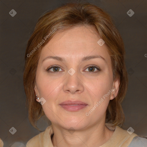 Joyful white adult female with medium  brown hair and brown eyes