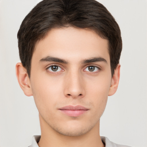 Neutral white young-adult male with short  brown hair and brown eyes