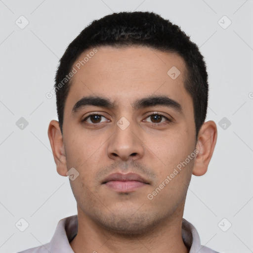 Neutral latino young-adult male with short  black hair and brown eyes
