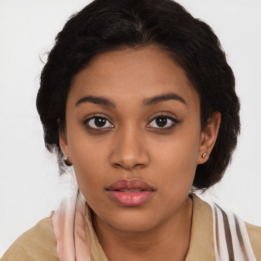 Neutral latino young-adult female with medium  black hair and brown eyes