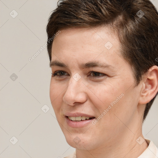 Joyful white young-adult female with short  brown hair and brown eyes