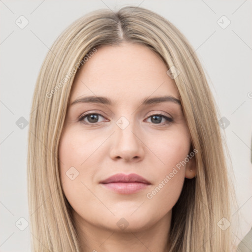 Neutral white young-adult female with long  brown hair and brown eyes