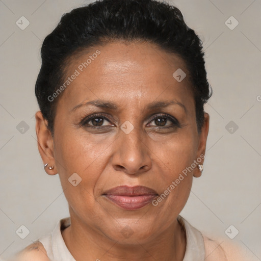 Joyful latino adult female with short  brown hair and brown eyes