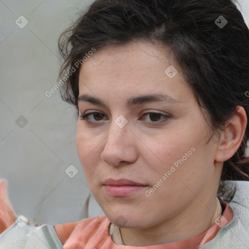 Neutral white young-adult female with short  brown hair and brown eyes