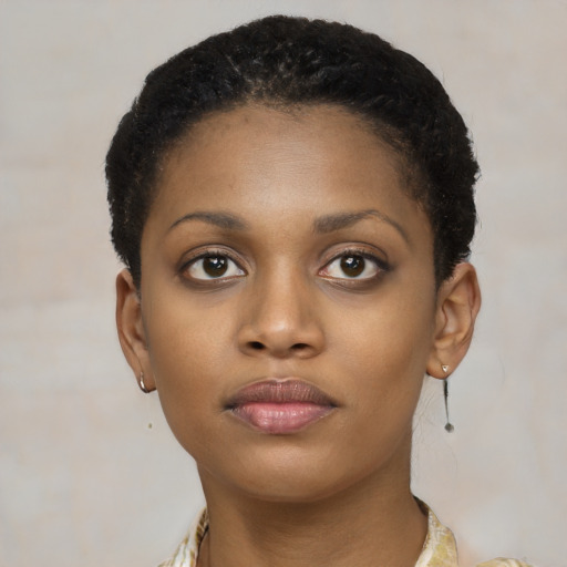 Neutral latino young-adult female with short  brown hair and brown eyes