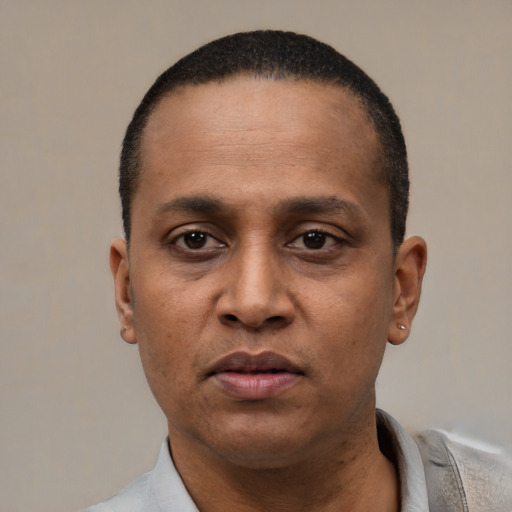 Neutral latino adult male with short  black hair and brown eyes